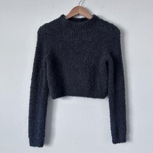 Aerie Cozy Fluffy Plush Mock Neck Cropped Sweater Dark Gray Sz S Long Sleeve